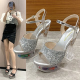 Zingj Summer Style With Flower Sequins With Ultra High Heel Transparent Bottom Crystal Thick Heel Women's Singles Shoes Sandal Wedding Bridesmaid