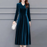 2021 Autumn Vintage Women Midi Party Dress Long Sleeve Burgundy Black Velvet Dress Plus Size 3XL 4XL 5XL