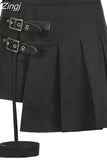 Asymmetrical Punk Style Black Pleated Skirt Buckle Summer High Waist Skirt Women Gothic Clothes Mini Skirts Party