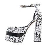 Onlymaker Square Toe Sandals Platform Thick High Heels Solid Mixed Colors Crystal Buckle Stain Sandals Graceful Women
