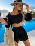 Solid Two Pieces Sets Women Square Collar Puff Sleeve Short Top High Waist Lace Up Shorts Casual Beach Loose Shorts