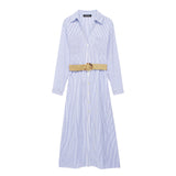 Spring Dress With Belt Striped Shirt