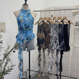 Irregular Hanging Neck Dyeing Net Yarn Vest Lotus Side Ribbon Short Sleeveless Top