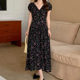 Zingj Chic Summer French Elegant V Collar Fold Feeling Waist Show Thin Long Broken Flower Platycodon Dress