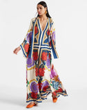 Women Vintage Print Spliced Lace Up Maxi Dress with ribbon Casual Loose V Neck Flare Sleeves Dresses Summer Lady Elegant