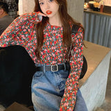 Women Floral Vintage Long Sleeve Basic Chic All-match Tee Folds O-neck Female Retro Tops Spring Autumn Chiffon