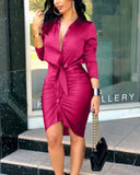 V-neck Lace-up Solid Color Long Sleeve