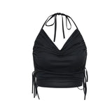 Women's Summer New Style Pocket Collar Open Back Suspender Vest Strap Hanging Neck Ultra Short Top Sleeveless Vests
