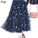 Long Tulle Midi Skirt Women Embroidery Butterfly High Waist Mesh Pleated Skrit Korean Sweet Pink Gray Tutu Skirts