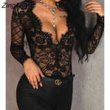 Women Elegant Fashion Sexy Patchwork Slim Fit Basic Playsuit Sheer Eyelash Lace Long Sleeve