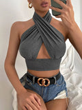 Summer Tank Tops Sexy Solid Color Cross Halter Neck Push Up Hollow Crop Tops 2022 New