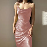 Women Satin Split Dress 2022 Summer Spaghetti Strap Backless Long Dresses Elegant Bodycon Party Dresses Vestidos De