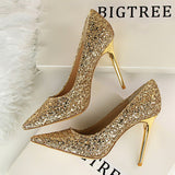 Zingj Women's Shoes High Heel Shallow Pointed Shining Sequins Sexy Thin Nightclub High