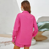 2022 New Long Sleeve Women Blouse Tops Casual Women Two Piece Loose Short Sets Summer Sexy High Waist Pink Shirt