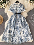 Court Style High-End Short-Sleeved Printed Dress Woman Waist Design Minority Chic Super Immortal Temperament Long
