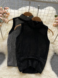 Shiny Diamonds Decor Women Two Piece Set Black Stand Collar Sleeveless Short Tops + High Waist Pencil Pants Suit
