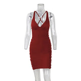 Deep V-neck Ruched Mini Dress Women Brown Spaghetti Strap Clothing Women Spring Casual Partywear Slim Elegant