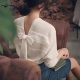 Long Sleeve White Blouse Women Back Bow V-neck Korean Style Solid Tops Chiffon Blouse Office Lady Style
