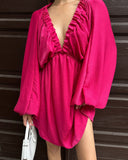New V-Necked Long-Sleeved Dress Independent Design Bubble Sleeve