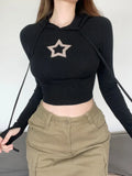 Harajuku Knitted Star Patches Hooded T-shirts for Women Skinny Crop Top Casual Basic Autumn Tee Shirts Korean