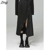 Designer Split Skirt Women Casual Outwear Slim Chic Korean Skirt Female High Street Button Black Gothic Y2k Clothes