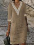 And Summer New Solid Color V-Neck Sleeve Cotton Temperament Elegant Dress