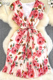 Vintage Floral Printed Pleated Dress Women Elegant V-Neck Sleeveless High Waist Draped Vacation Beach Vestidos Female
