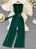 Vintage V-Neck Sleeveless High Waist Jumpsuits Women Elegant Loose Wide Leg Romper With Sashes Female Playsuits New