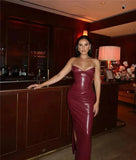 Burgundy Strapless PU Leather Maxi Dress- Outfit