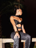 Women Early Autumn New High Street Solid Hollow Out Sexy Two Pieces Sets Halter Low Cut Skinny Top&Black Elastic