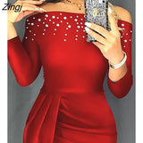 Women Fashion Elegant Autumn Solid Off Shoulder Beaded Ruched Party Dress Spring Long Sleeve Midi