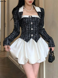 Elegant Tweed 2 Piece Dress Set Black Short Blazer Coat Sweet Y2k Mini Dresses Women Autumn Fashion Suit OL