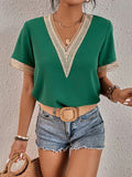 Women's Dress V-Neck Lace Loose Top Commuter Short-Sleeved Shirt Women Splicing