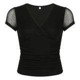 Solid Color Deep Cross V-Neck Short Sleeve TeeOutfit
