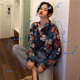 Shirts Women Long Sleeve Print Ulzzang Cat Turn-down Collar Students Designed Womens Korean Style with Buttons