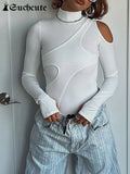 SUCHCUTE Hollow Out Turtleneck Women Bodysuits Patchwork Long Sleeve White Knitwear Rompers Casual Streetwear Jumpsuit