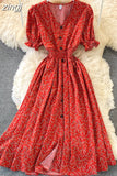 Women Single Breasted Printed Midi Dress Red/Blue/Green Puff Short Sleeve High Waist Vestidos Summer Female Robe