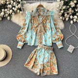 Fashion Spring Runway 2 Piece Sets For Women Turn Down Collar Floral Print Blouse And Shorts Suit Office Lady Outfits