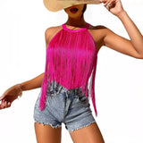 Women's Hot-Selling Solid Color Sleeveless Neck Top Ladies' Fashionable Tassel Beach