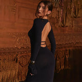 Blue Bodycon Long Sleeve Backless Maxi Dress- Outfit