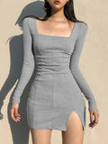 Black Knitted Ribbed Midi Dresses For Women V Neck Elegant Korean Clothes Long Sleeve Ruffles Bodycon Dresses