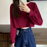 Long Sleeve T-shirts Women Basic Crop Tops Simple All-match Loose Japanese Style Causal Tshirts Female Daily Ulzzang