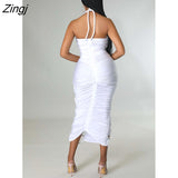 Summer Bodycon Dress Women Fashion Streetwear Backless Halter Midi Dresses Party Hollow Sheath Bohemian