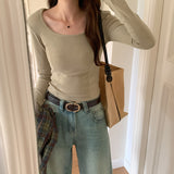 Shoulder-Bottomed Blouse In Autumn, The New Small Square Collar Long-Sleeved T-Shirt Is Slim And