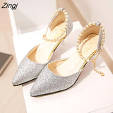 Pointed toe Pearl High heels shoes Female Fashion hollow with Sandals Paillette of the Thin Breathable shoes Women