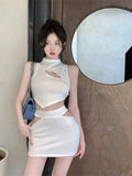 Women Two-piece Set French Pure Desire Sweet Spicy Hollow Sleeveless Backless Short Top Female Hollow Wrap Hip Slim