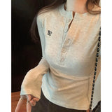 Button Half-Open Collar Embroidery Short Casual Style Minority Long-Sleeved T-Shirt New Spring Blouse For