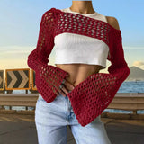 Zingj New Women's Hand Hook Sweater Women's Casual Ultra-Short Horn Sleeve Sexy Grid Smock