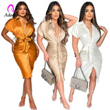 Up White Shirt Dress Women Turn-down Collar Pockets Satin Party Stacked Dress 2021 Autumn Bodycon Casual Workout