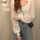 Sleeve Chiffon Shirts Korean Solid Button Sweet Shirt White Blusas Women Autumn Vintage Square Collar Blusas Clothes